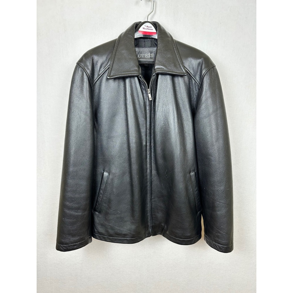 Guess Mens Brown Leather Full Zip Quilted Lined Jacket Large